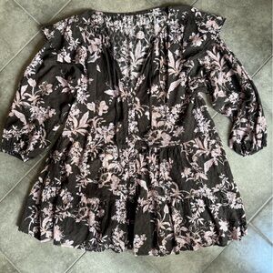 Free People Black and Pink Floral Blouse